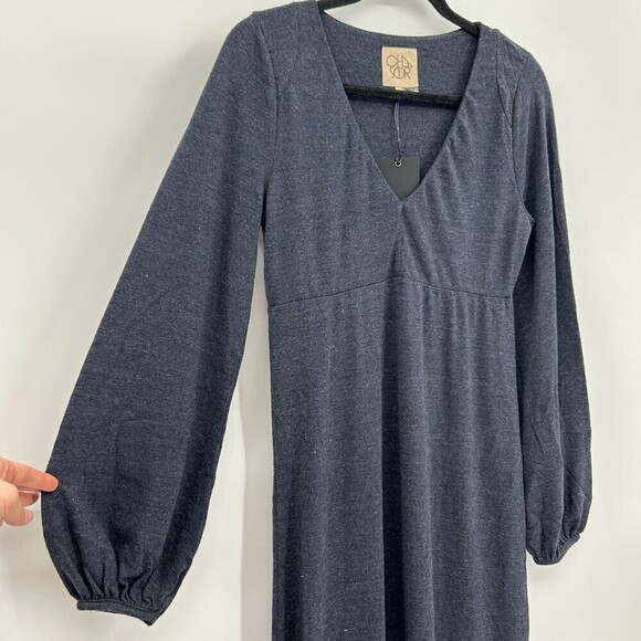 NWT CHASER Heather Navy Blue V-Neck Bell Sleeve High Low Comfy Midi Dress Medium - Picture 3 of 7